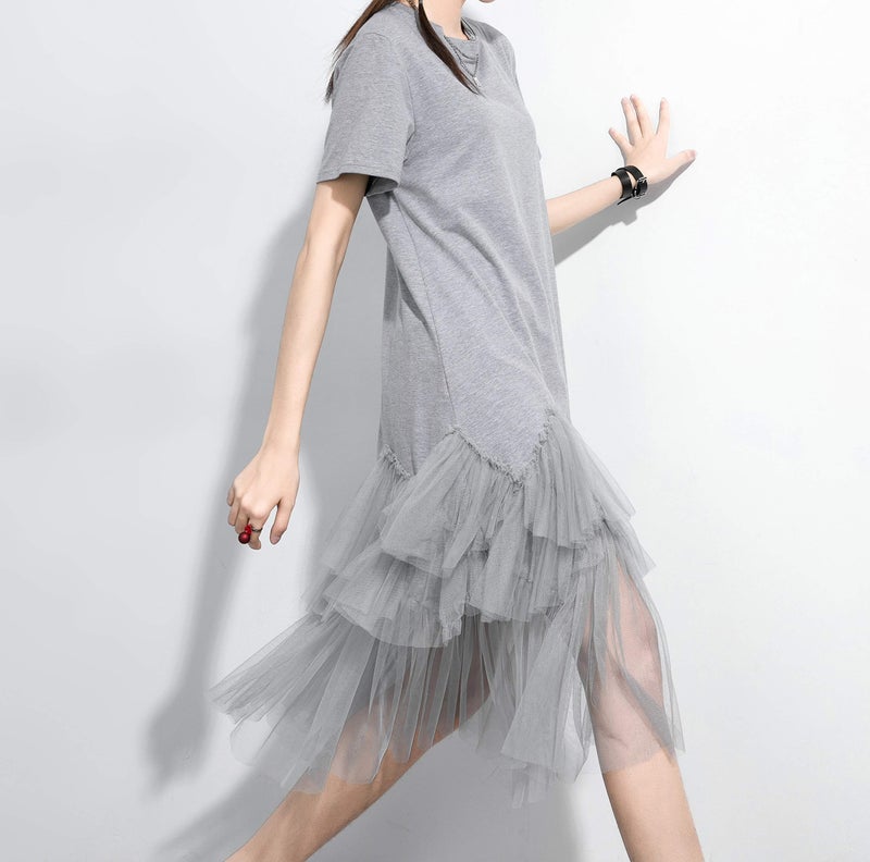 ellazhu Women's Casual Short Sleeve Crew Neck Tutu Tulle Dress with an Oversized Fit GY2266 Grey - Image 3